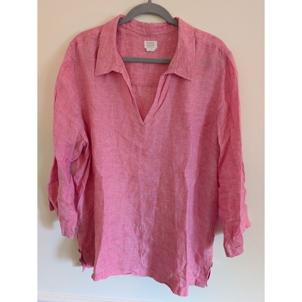 Sigrid Olsen Womens Pink 100% Linen V-Neck Tunic Top 3/4 Sleeve Size 2X*